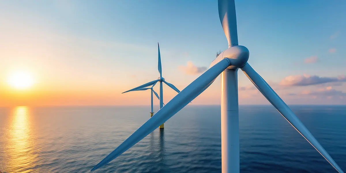 Renewable Energy at Sea. Offshore wind farm at sunset representing renewable energy infrastructure connected by the Tarchon Interconnector.